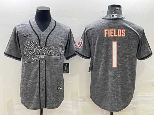 Men%27s Chicago Bears #1 Justin Fields Gray With Patch Cool Base Stitched Baseball Jersey